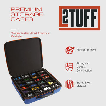 2TUFF Toy Car Storage Case - 48 Compartments, 2 Removable Trays, Small, Blue, Model 2T-CAR-CASE-2x24, Fits Hot Wheels &