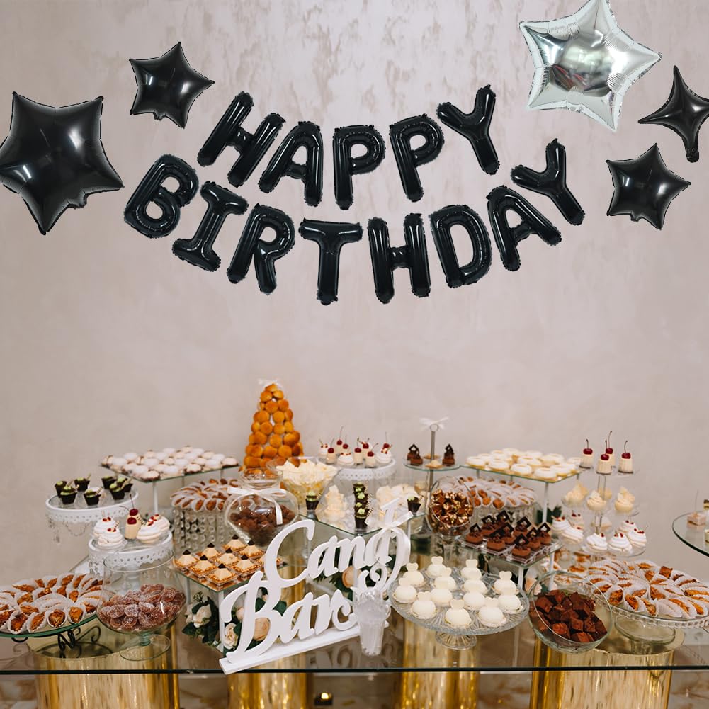 Toniful 35Pcs Black Happy Birthday Decorations Kit 16 Inch Happy Birthday Balloon Banner With Star Balloons Mylar Foil Birthday