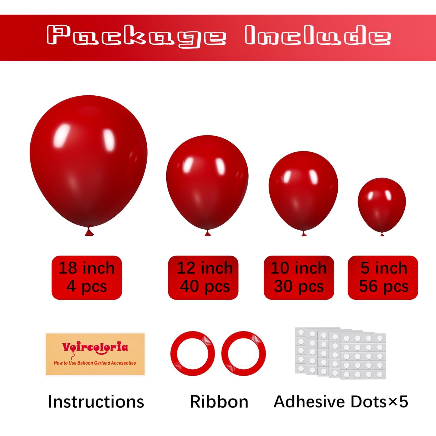 Voircoloria 130Pcs Ruby Red Balloons Different Sizes 18'' 12'' 10'' 5'' Dark Red Latex Balloon Garland Arch Kit For Birthday Bab