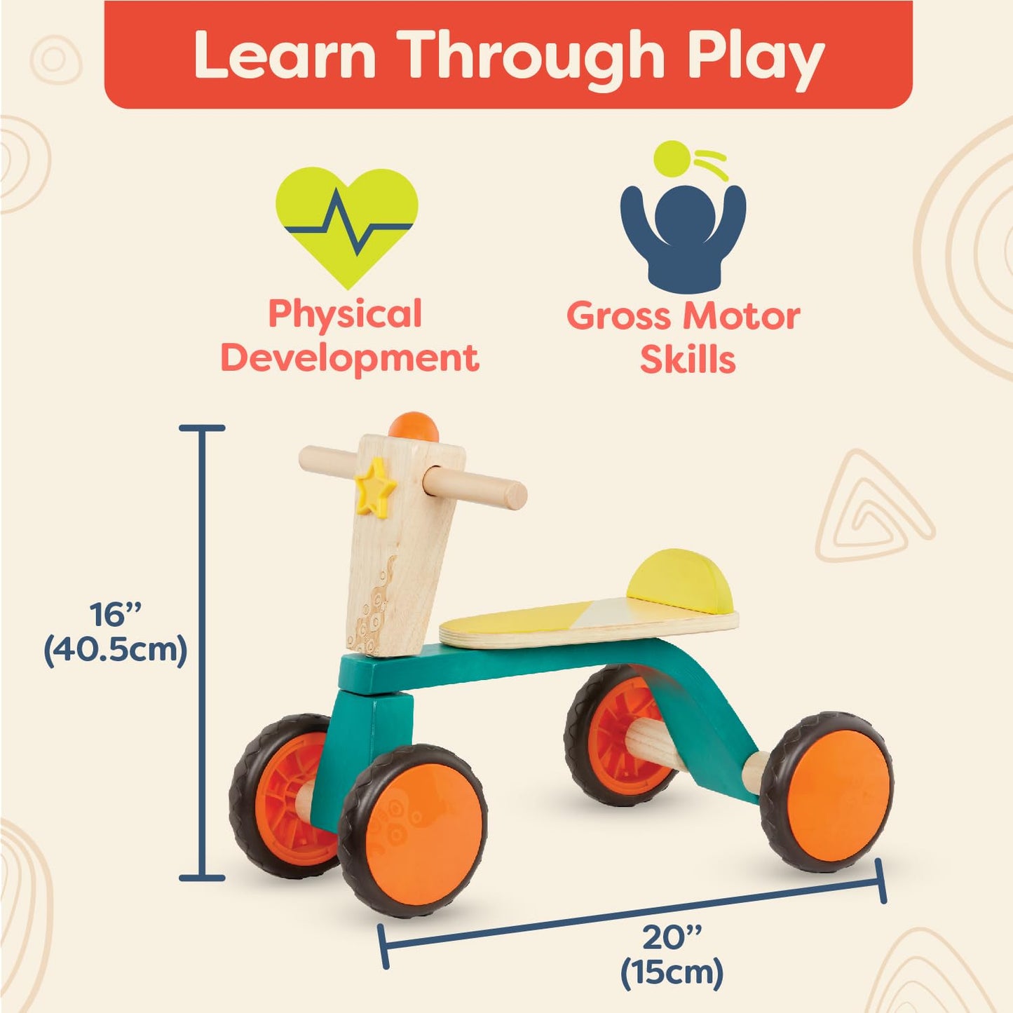 B. Toys- Smooth Rider- Ride On- Wooden Toddler Bike – Balance Toys For Toddlers – Push & Ride Bike – Four Wheels – 18 Months +, Large, Multicolor