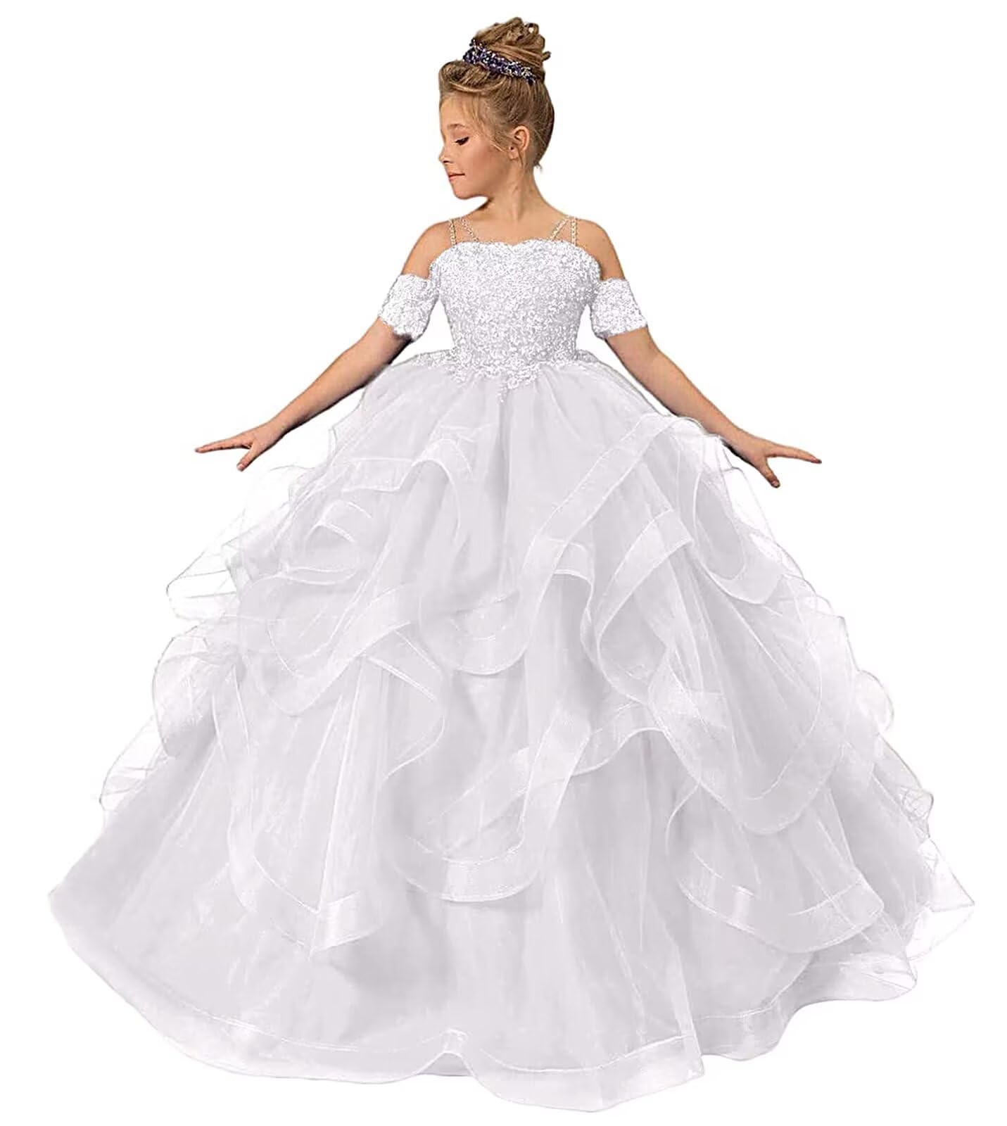 ZPVP Princess Flower Girl Dress for Wedding Long Tulle Girls Pageant Dress Puffy Ruffles Beaded Appliques Party Costumes White U