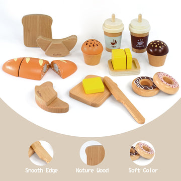 Pairpear Wooden Bakery Toy Food Playset,Kids Pretend Play Food Kitchen Accessories With Shopping Bag,Toddlers Cutting Food Gift