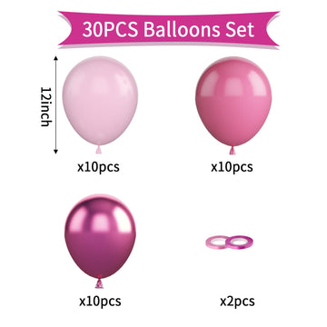 Paready Hot Pink Balloons, 30Pcs Metallic Hot Pink Party Balloons 12 Inch Chrome Red And Pastel Pink Latex Balloons Macaron Ligh