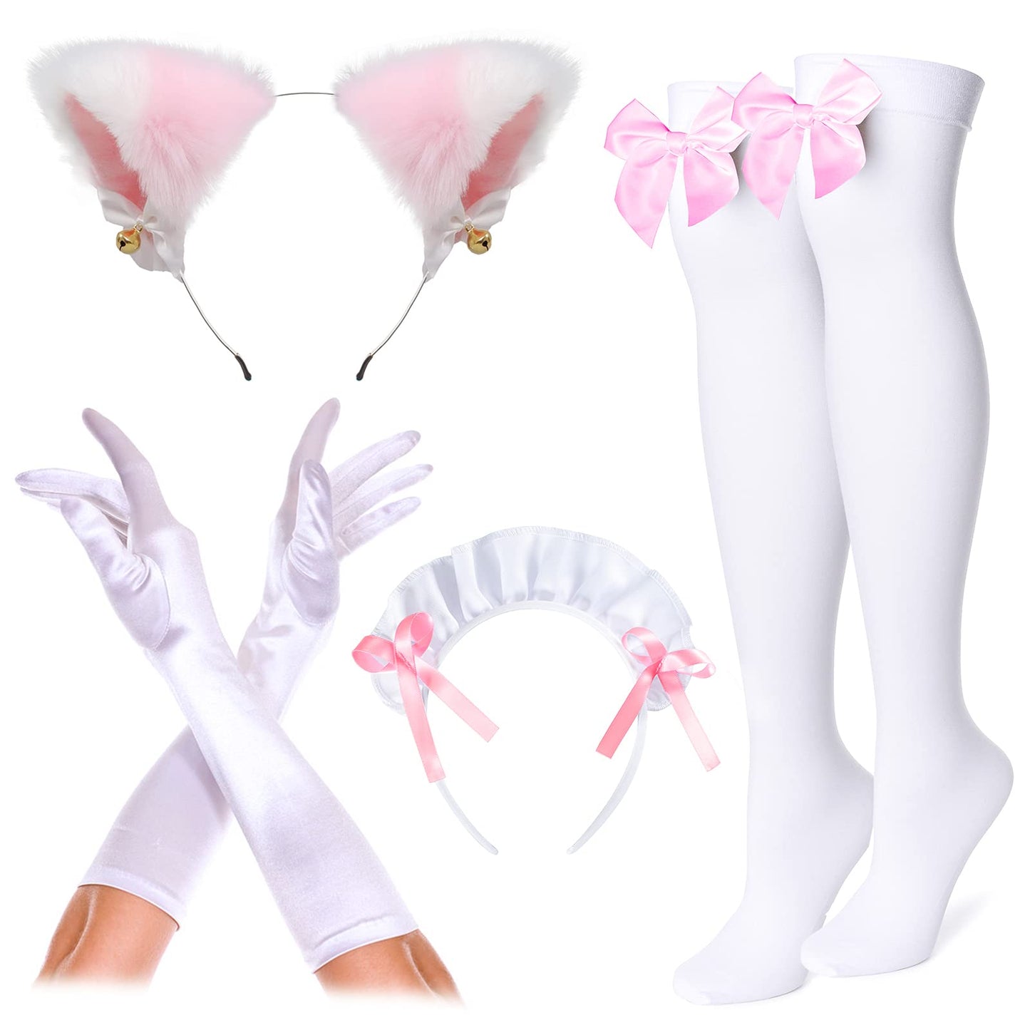 Girl Sweet Kawaii Costume Dress Anime French Maid Cosplay Furry Cat Ear Gloves Socks Set(Pink M)