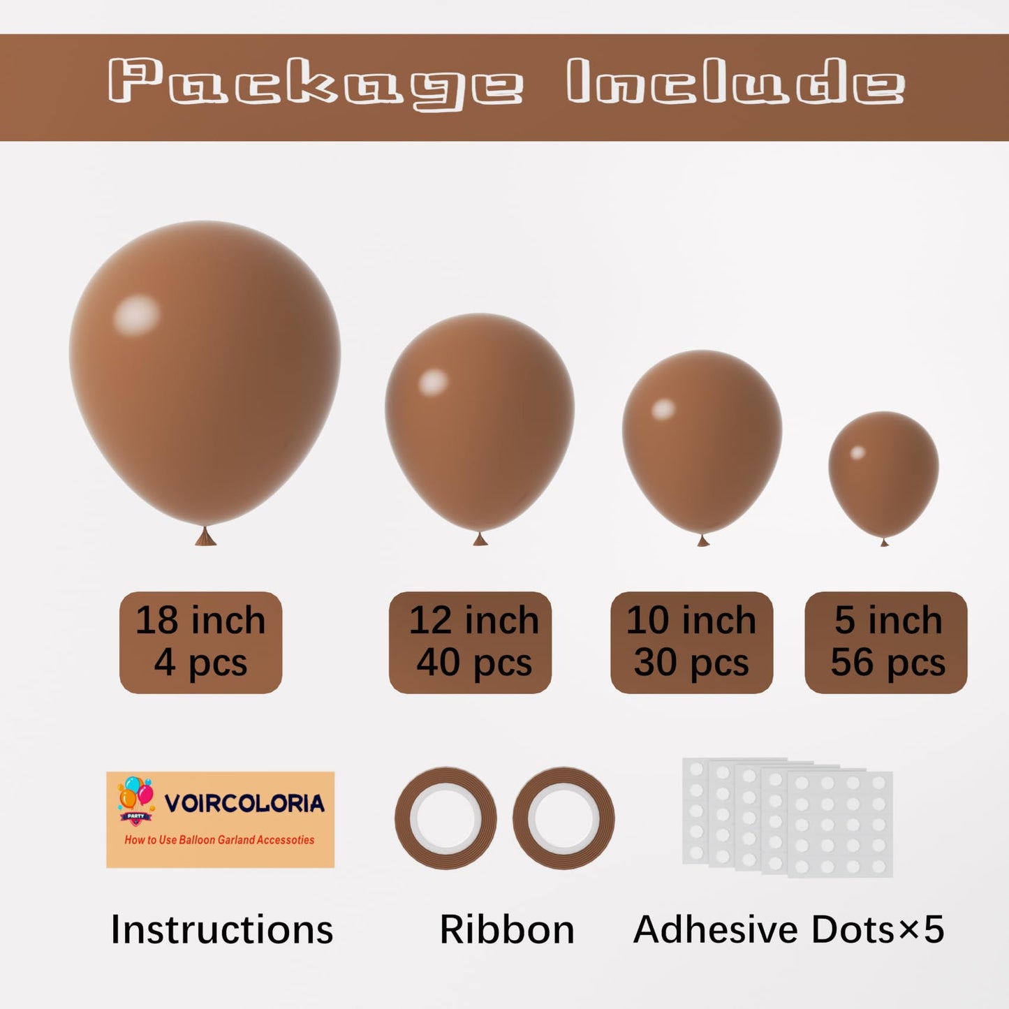 Voircoloria 130Pcs Brown Balloons Different Sizes 18'' 12'' 10'' 5'' Dark Brown Party Latex Balloons For Birthday Baby Shower Ge