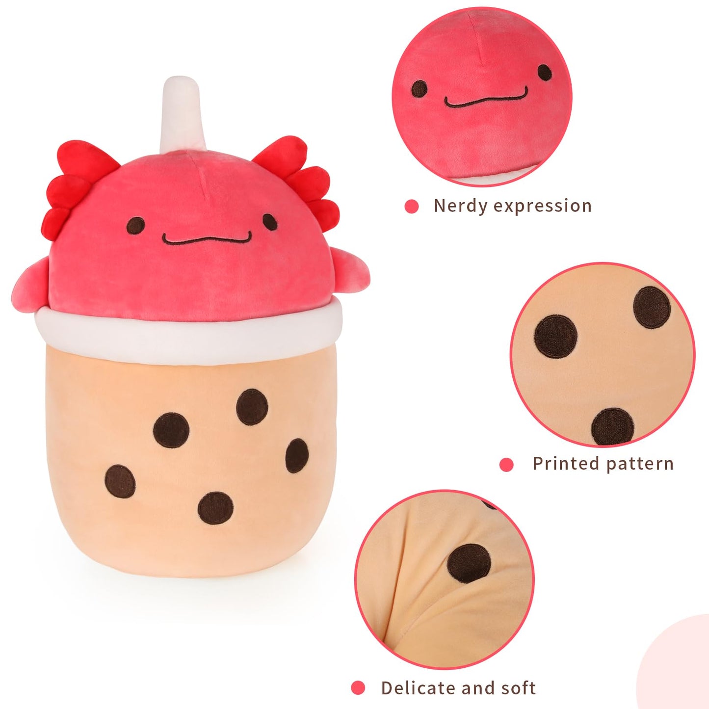 MMguai 14 inch Cute Big Axolotl Boba Tea Plush Soft Hugging Pillow Plushies,Large Red Pearl Milk Tea Stuffed Animals Toys Doll G