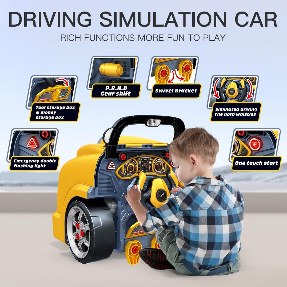 POFJOEQ Interactive Truck Engine Toy with Removable Parts - Lights, Sounds, and Fun for Young Mechanics -Unleash Their Creativit