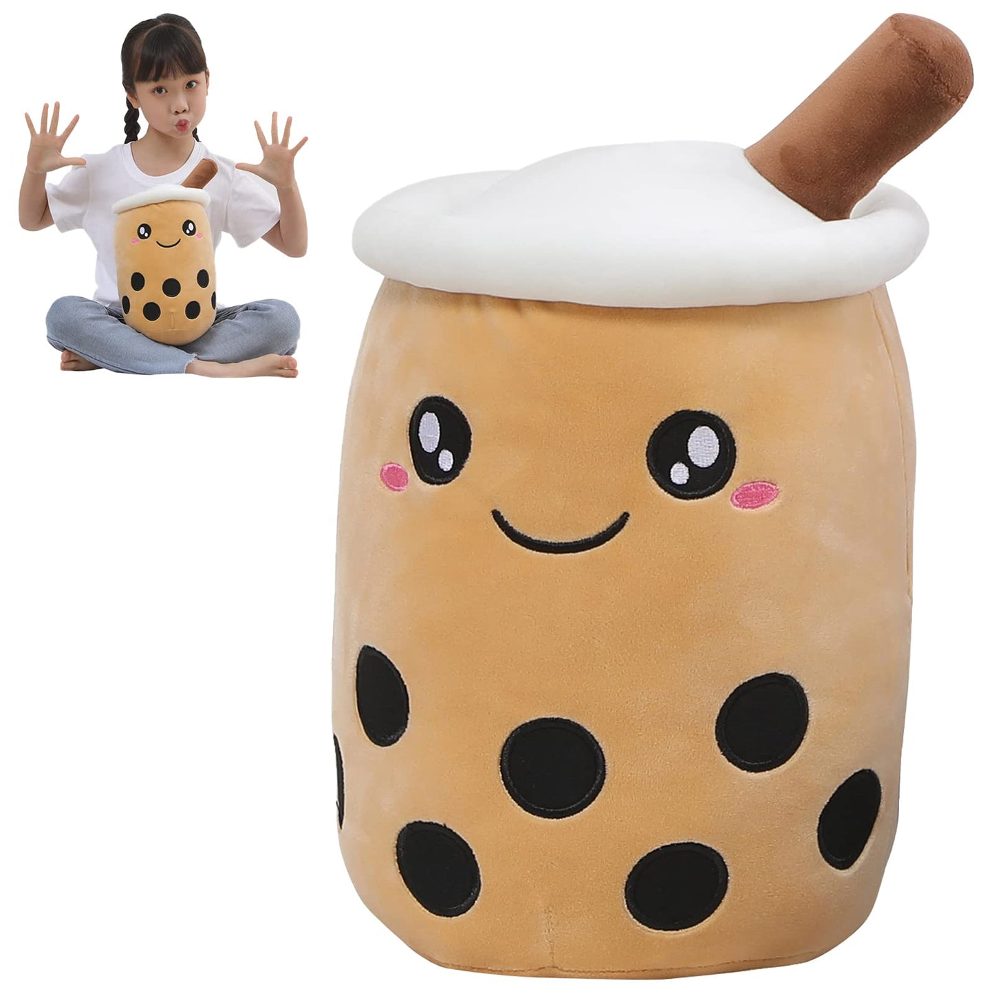 MMguai 14 inch Cute Big Boba Tea Plush Soft Hugging Pillow,Large Brown Pearl Milk Tea Stuffed Animals Toy for Girls Boys Birthda