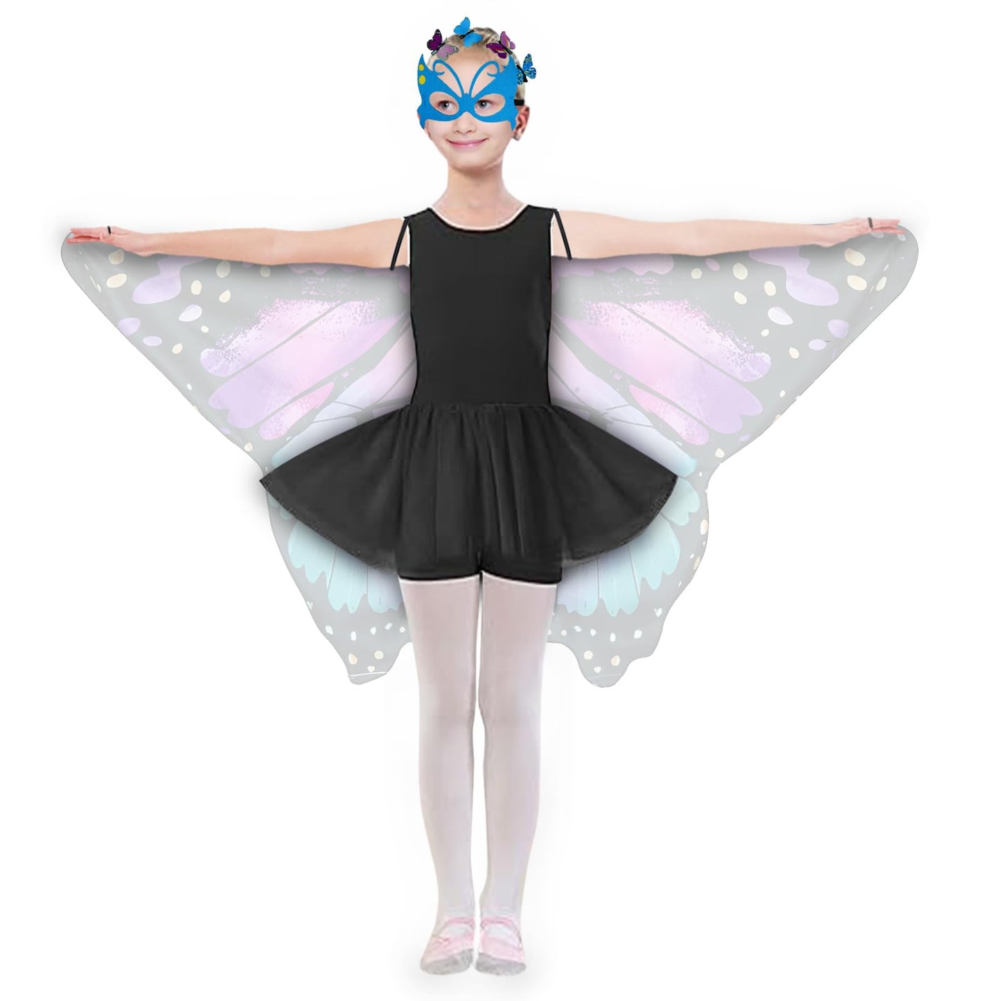 Kids Butterfly Wings Costume Girls Fairy-Wings Toddler Dress Up Play Costumes Butterfly Hair Clip Mask Party Favors (Purple Gree