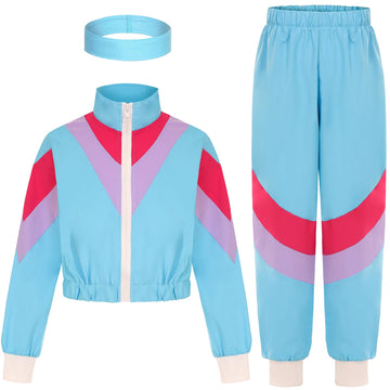 Sizgaroot 80S 90S Retro Windbreaker Set Girls Workout Costume Outfit Track Suit For Girls (Blue, 9-10 Years)