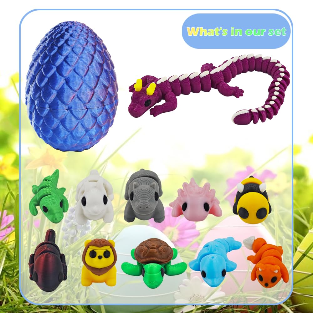 NEXT STOP M 3D Printed Animal Toys for Kids Easter Basket Stuffers with Decorative Egg Case, Classroom Prizes, Party Goodie Bag