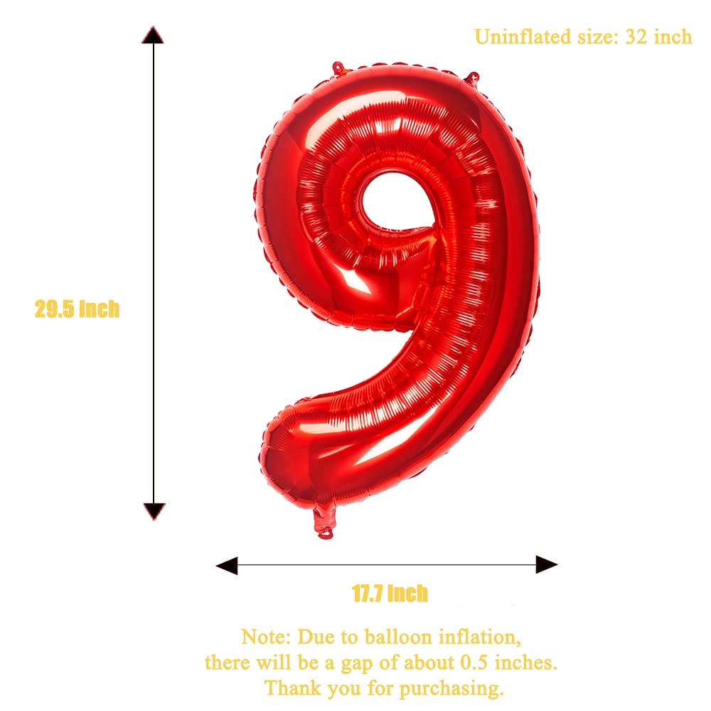 Meiduoco 32 Inch Red Number 9 Balloon (Aluminum, Self Sealing, 1.0 Count, Birthday, Unisex, Number 9)
