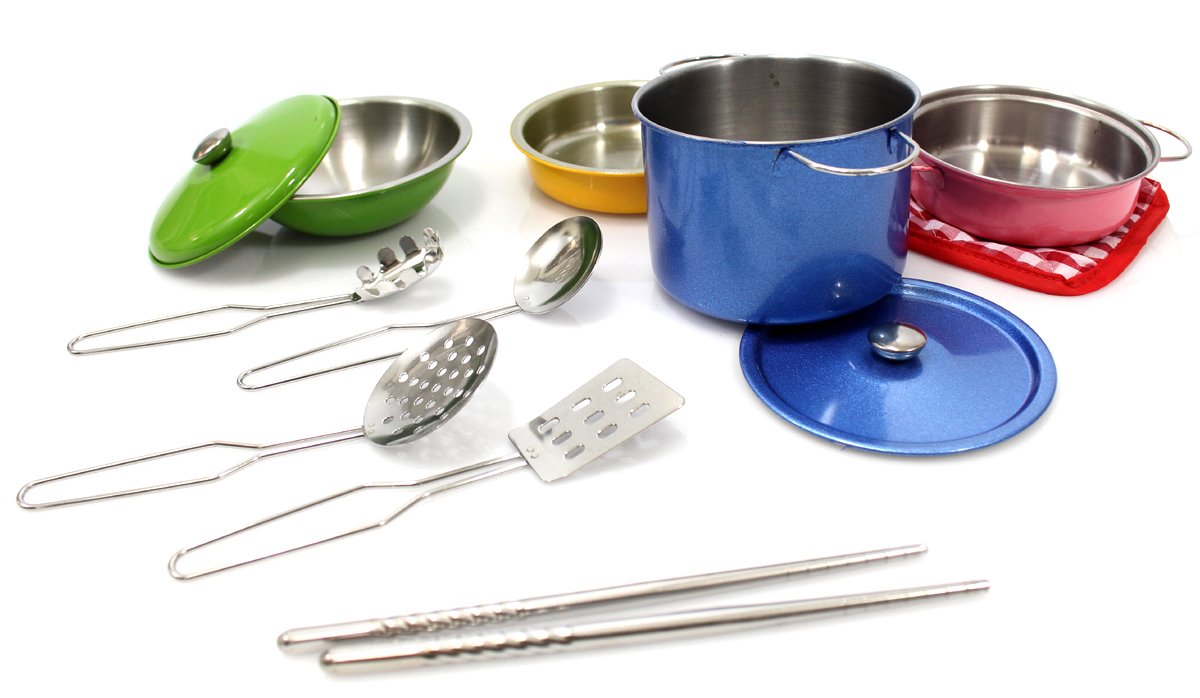 Powertrc Colorful Metal Pots And Pans Cookware With Utensils Playset For Kids