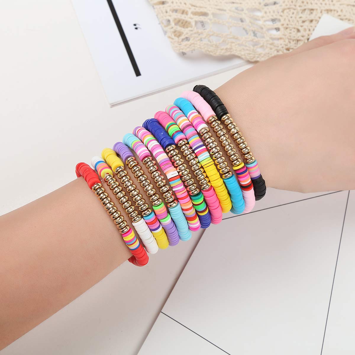 Cooluckday Heishi Surfer Bracelets For Women Vsco Boho Beaded Bracelet Friendship Polymer Clay Rainbow Bracelet Stack Vinyl Disc