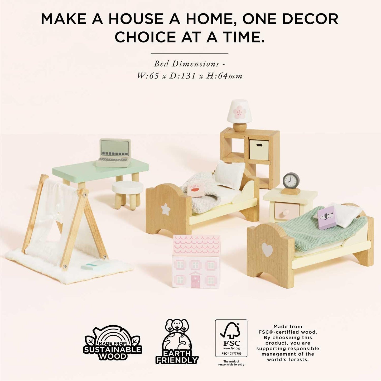 Le Toy Van - Sugarplum Wooden Bedroom Set | Dolls House Accessories Play Set For Dolls Houses | Girls And Boys Doll House Furnit