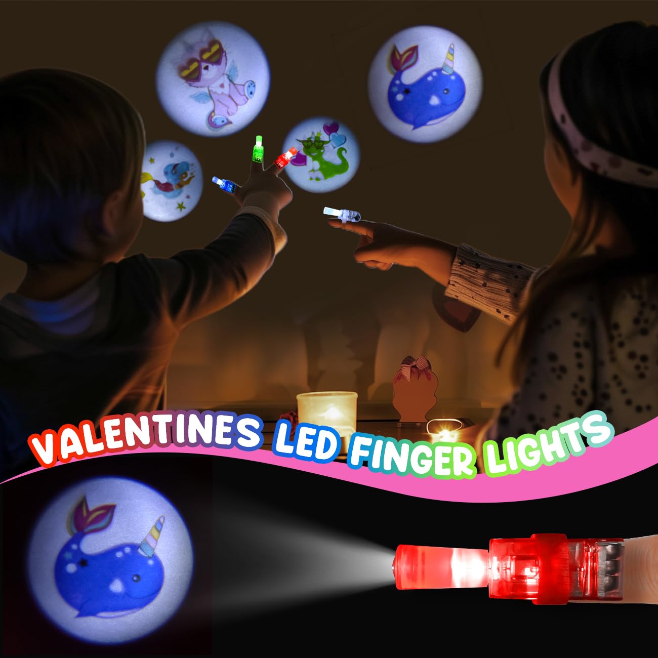 MOVINPE Valentines Day Exchange Gifts for Kids Classroom, 28 Packs Finger Lights with Valentines Cards - Light Up Finger Flashli