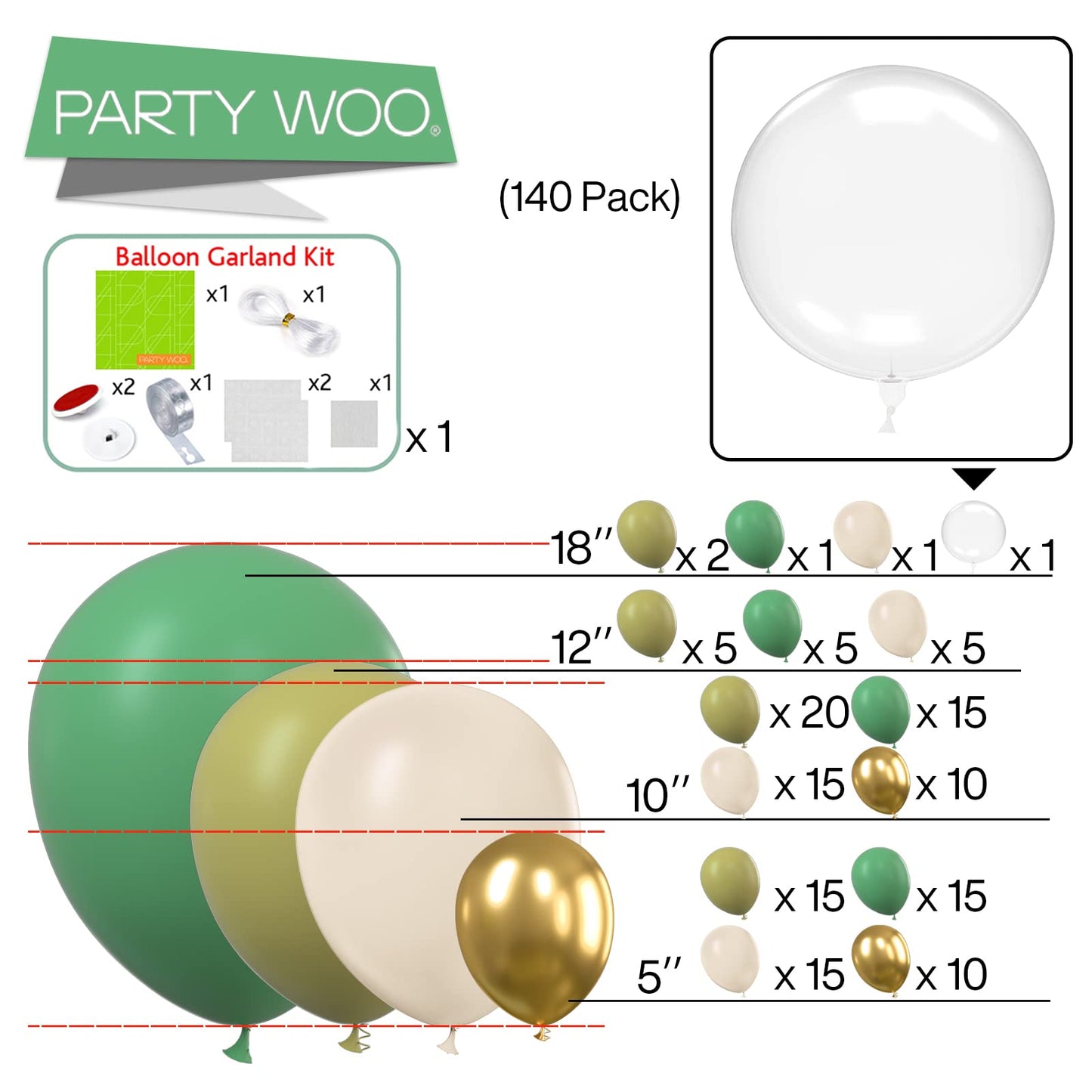 Partywoo 140 Pcs Olive Green Balloon Arch Kit, Sage Green Balloon Garland Kit With Cream White Metallic Gold Retro Green Clear Balloons And Arch Kit For Birthday, Baby Shower, Wedding