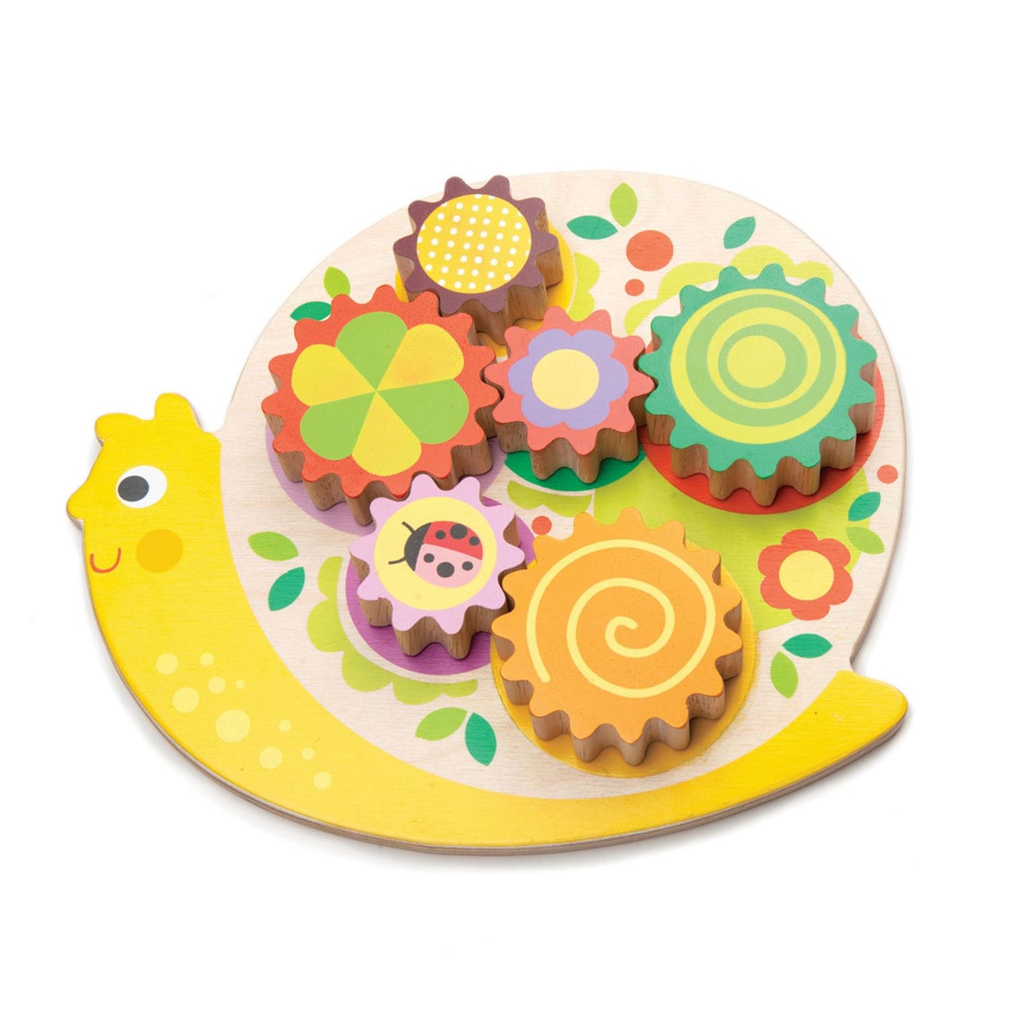 Tender Leaf Toys - Snail Whirls - 6 Removable Flowers Gears, Playset for Toddlers and Kids - Wooden Stacking, Multi-Color Flower