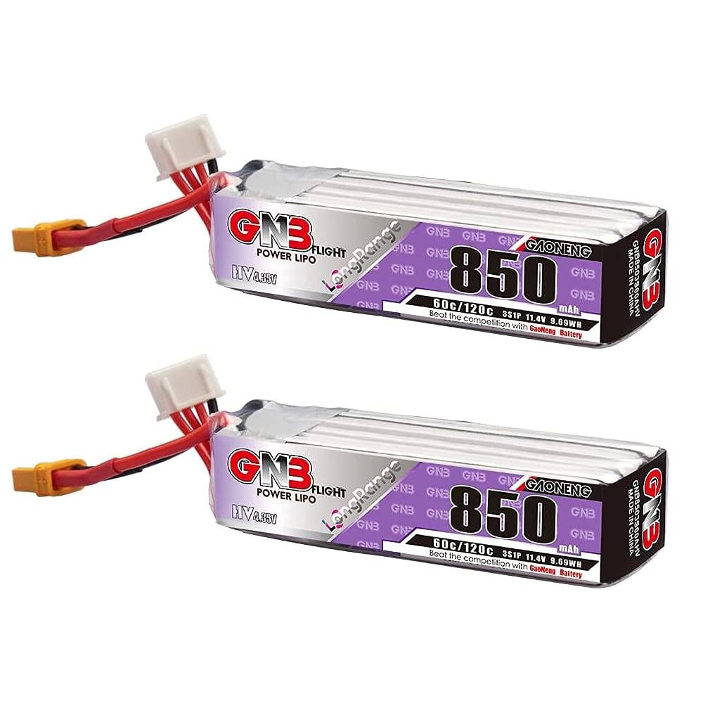 GAONENG 2pcs GNB LiPo Battery 850mAh 3S 11.4V HV 60C 120C Long Range XT30 Connector Long Type for Cinewhoop Mini Micro FPV Frees