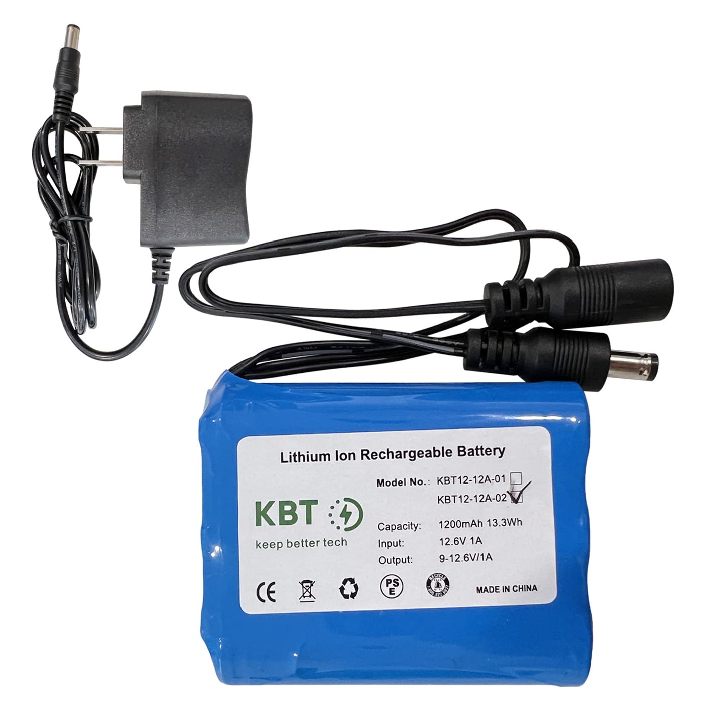 KBT 12V 1200mAh Rechargeable Li-ion Battery, 12V DC5521 Male Connector, Replacement Battery Pack with 12V Charger Compatible for