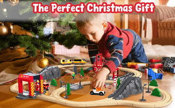 Giant Bean 72Pcs Wooden Train Tracks & Trains, Gift Packed Toy Railway Kits For Kids, Toddler Boys And Girls 3,4,5 Years Old And Up