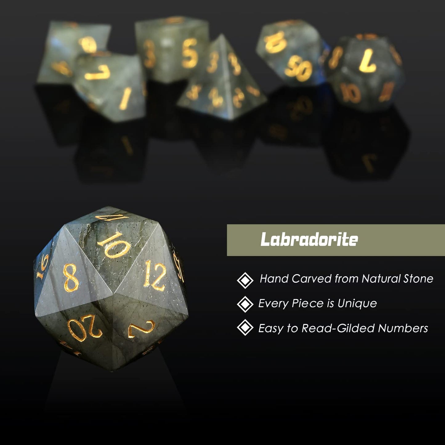 Labradorite Gemstone Dice Set DND,DNDND Full Set Real Stone Dice Set with Grogeous Gift Case for Dungeons and Dragon and Tableto