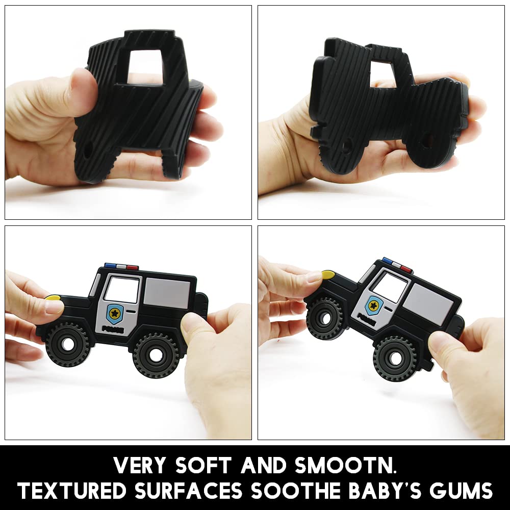 Amazingm Car Series Baby Teething Toys,Food Grade Silicone Chew Teether For 3 Months+ Infant Boy And Girl,Toddler Sensory Chewing Teether,Bpa Free. (Police Car, Black)
