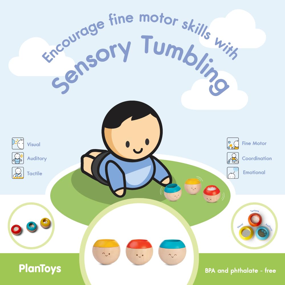 Plantoys Sensory Tumbling - Baby Toys With 3 Wooden Tumblers For Perceptual And Motor Skill Development