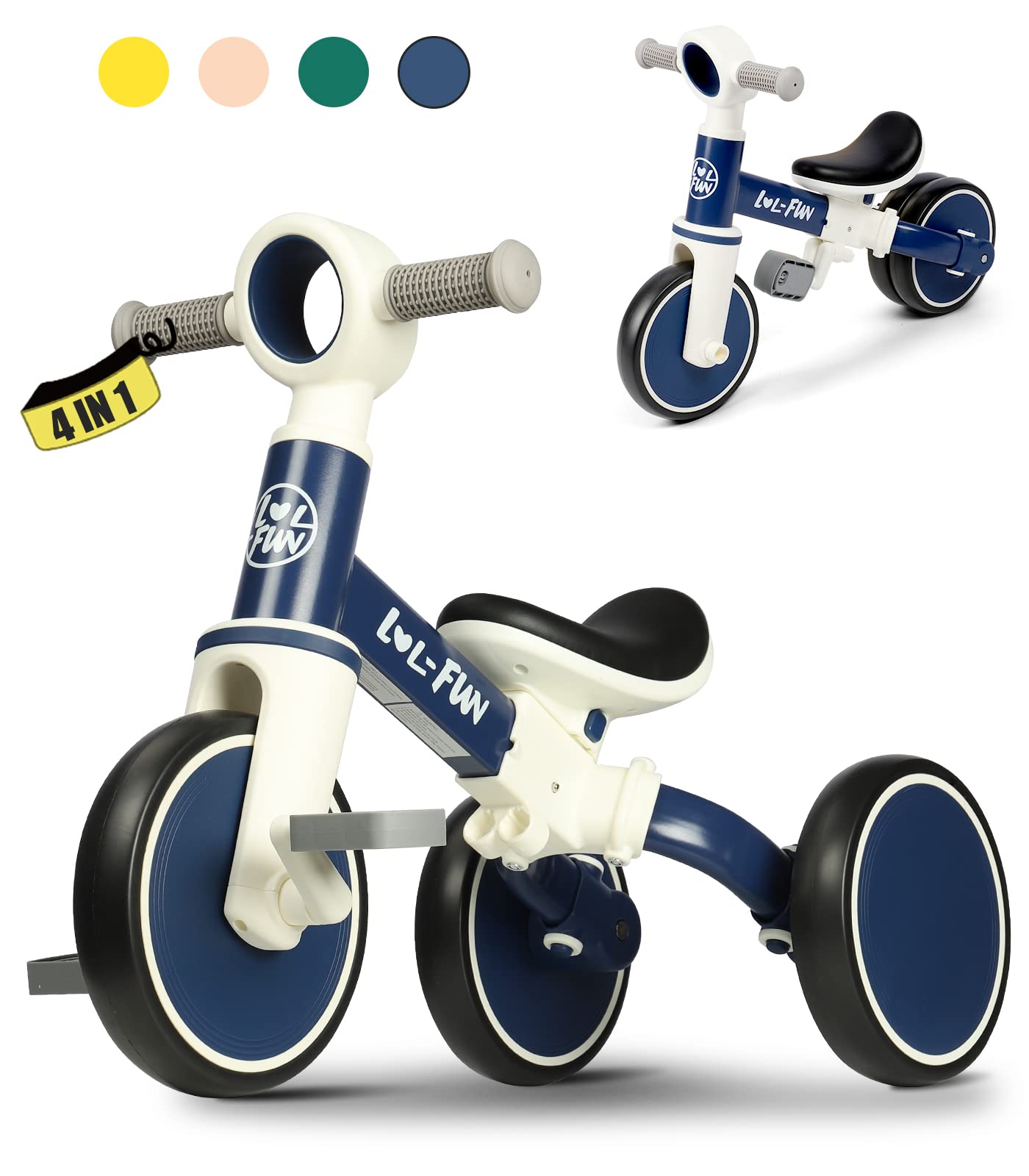 LOL-FUN Baby Balance Bike Toy for 1 2 Year Old Boys Girls Gift Toddler Tricycle 1-3 Year Old with Removable Pedal, 4 in 1 Trike