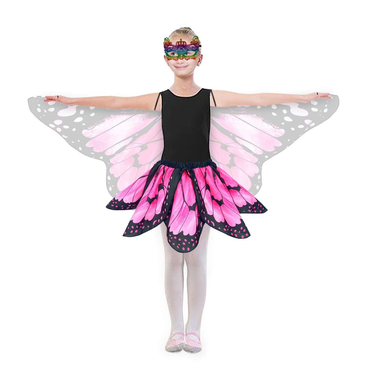 Sunlisky Kids Butterfly Wings Costume For Girls Fairy-Wings Mask Party Favors Gifts (Pink+Skirt Sets)