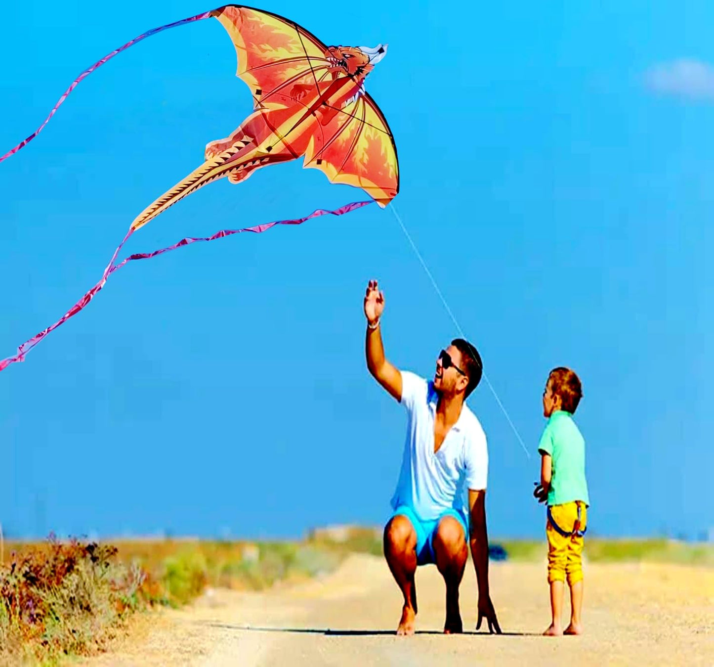 SNJOYFUL Dragon Kite for Kids & Adults, 55'' Beach Kite Easy to Fly, Huge Kites for Kids Ages 4-8 for Beginners, with 328ft Stri