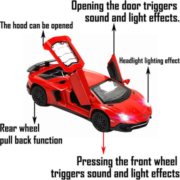 Lambo Toy Car Model Red Aventador Pull Back Vehicles Diecast with Light & Sound