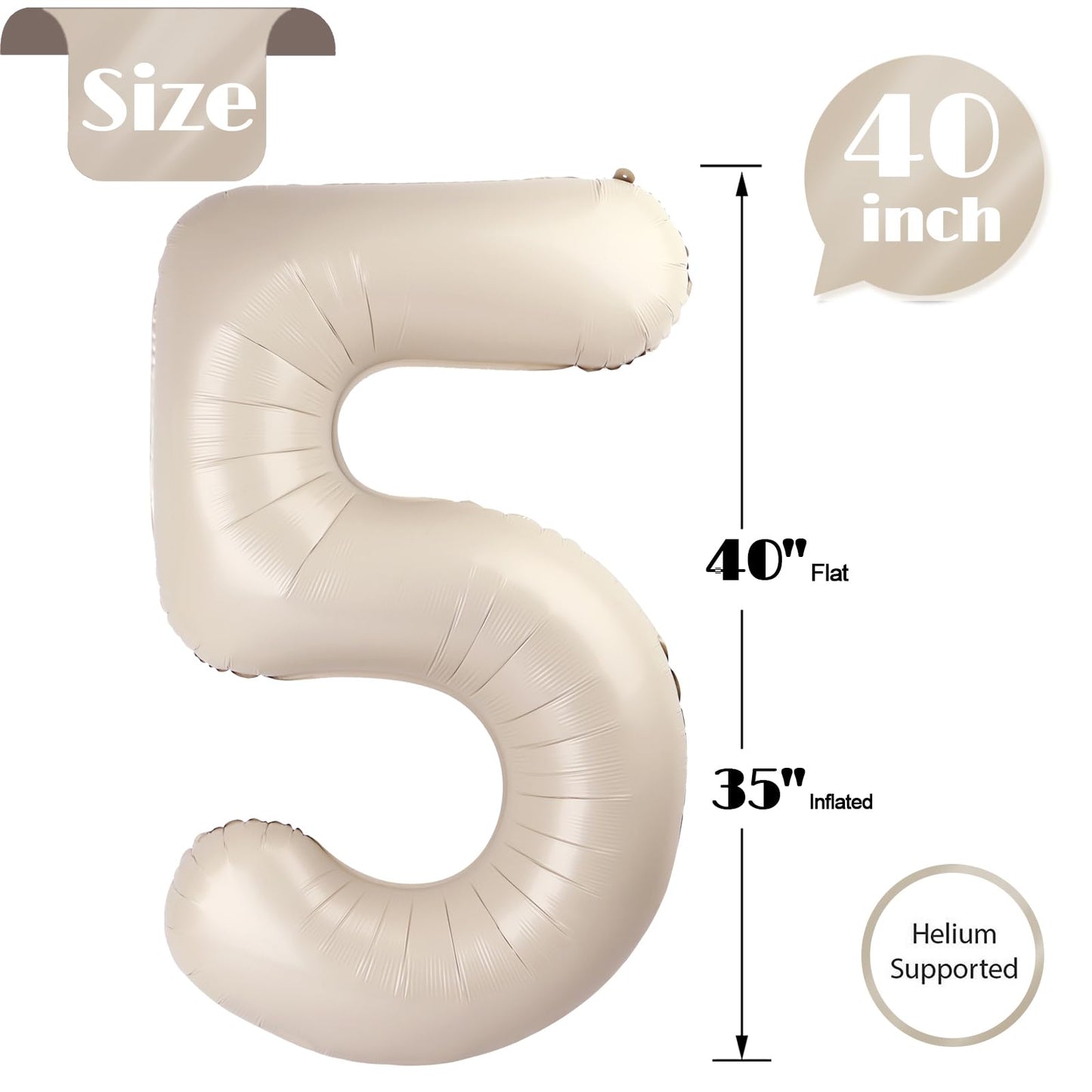 Cream Number 5 Balloon 40 Inch, 5 Balloon Number, 5Th Birthday Decorations, Cream Party Supplies For Boys Girls