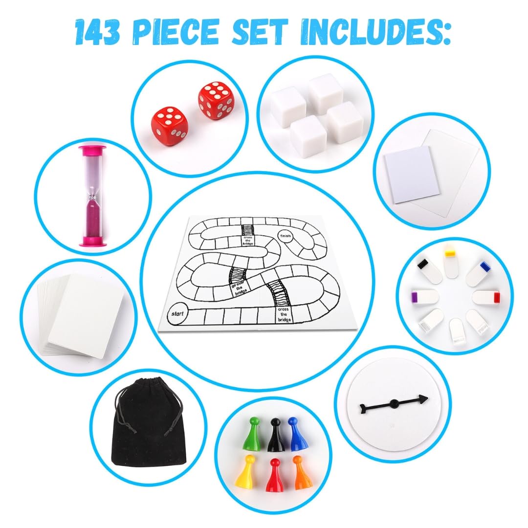 Madanar Blank Create Your Own Board Game Kit Diy 143 Piece Set - Perfect For School Projects: Player Pieces, Spinner, Playing Cards, Dice, Sand Timer, Pawns, Storage Box, And More - Fun For Family