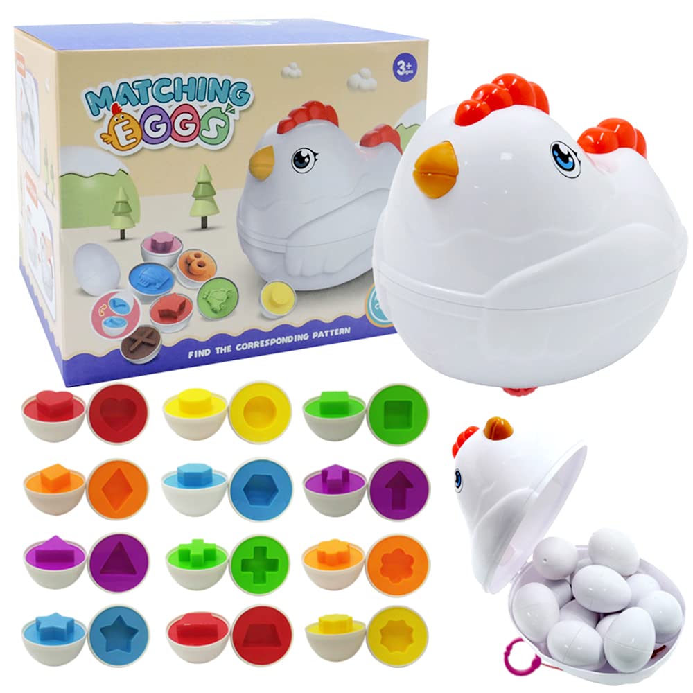 Easter Matching Eggs Toddler Toy With Push & Pull Chicken Box, 12 Pcs Montessori Sorter Learning Educational Toy, Multiple Shape