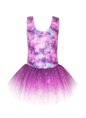 Gymnastics Dress For Kids Skirted Leotards Purple Clouds Galaxy Fancy Tulle Skirts Size 9-10 Years Old Colorful Stars