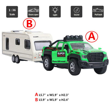 Pickup Truck Trailer Towing Toy Camper 2 in 1 Playset RV Motorhome Toys for Boys Diecast Model Car Metal Pull Back Toy Cars 1/36