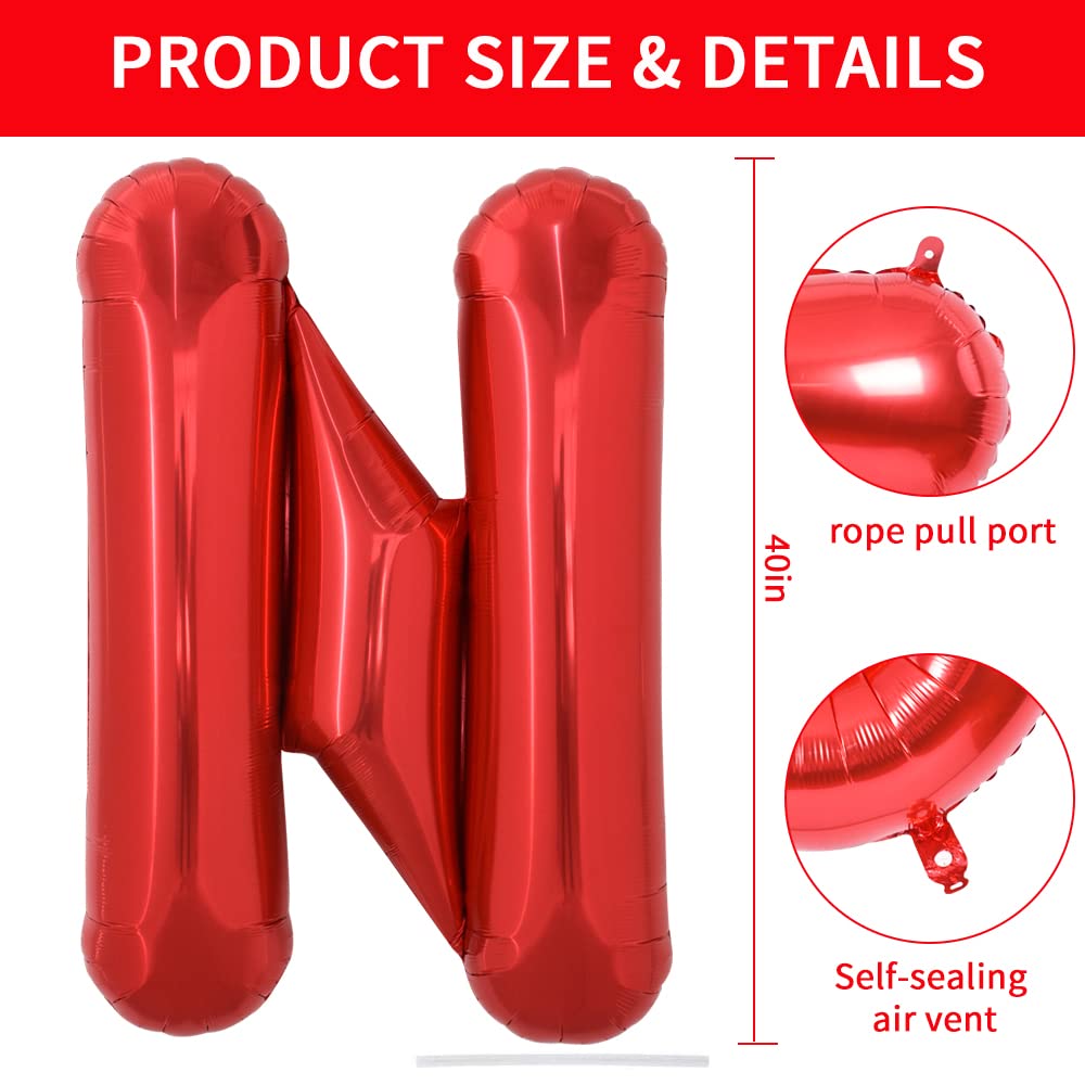 Toniful 40 Inch Large Bright Red Letter Balloons A-Z, Giant Jumbo Helium Foil Mylar Big Letter N Balloons For Birthday Party Ann