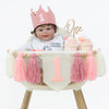 HODIHIWI Pink Baby Girl 1st High Chair Banner Wood Bead Tassel Garland Crown Hat Wooden Cake Topper Birthday Party Decorations