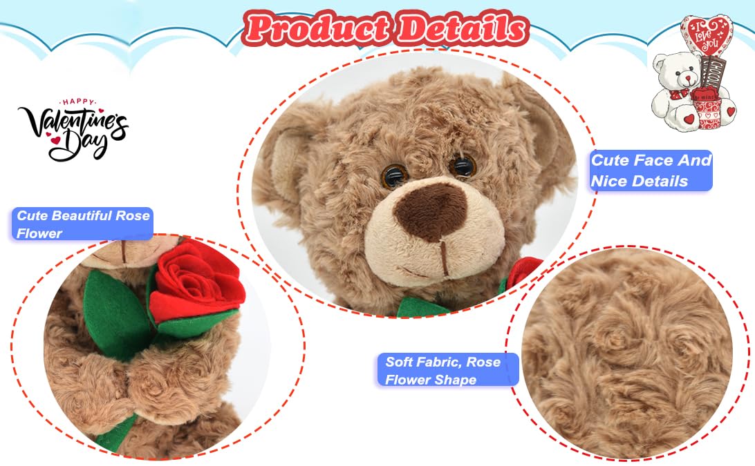 Bakalizoo 12'' Brown Stuffed Teddy Bear with Rose, Soft Plush Animal Toy for Kids, Girlfriend, Mom - Model B-QRJ-0102