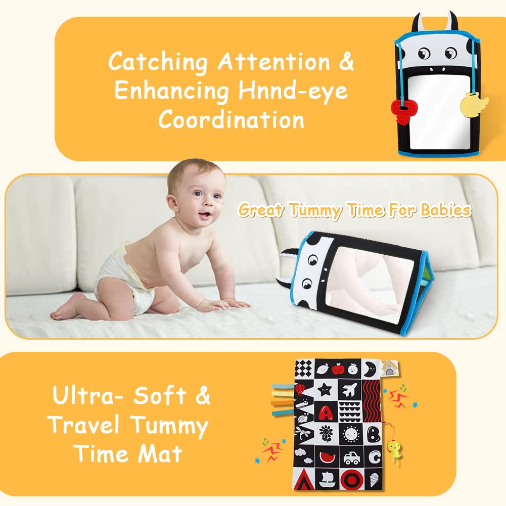 Teytoy Tummy Time Mirror Infant Toys Newborn Toys 0-3 Months Black And White High Contrast Pattern, Tummy Time Mat With Crinkle Paper, Baby Teether For 4 6 9 12 Month Crinkle Sensory Development Toys
