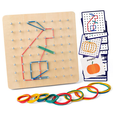 Coogam Wooden Geoboard - 8x8 STEM Puzzle with 30 Pattern Cards & Latex Bands, Multi-color Educational Toy for Kids