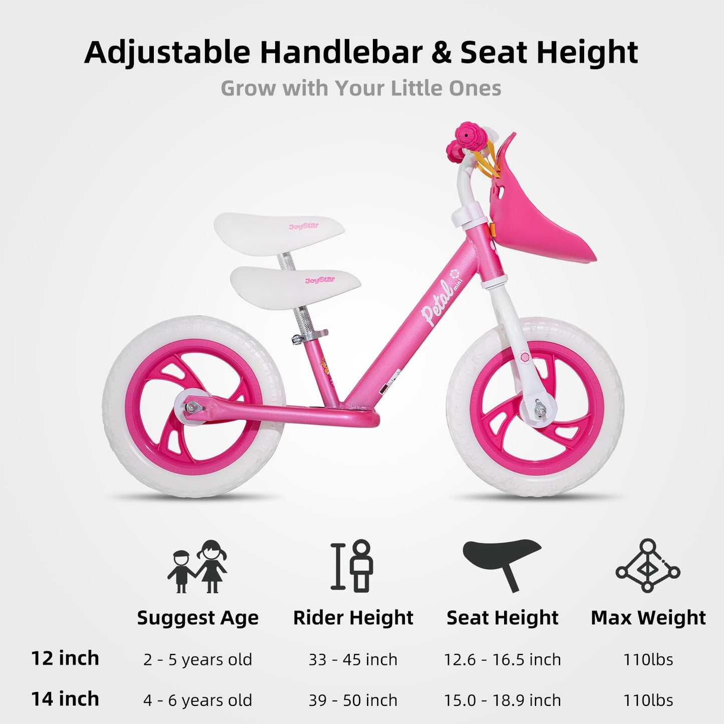 Joystar 14 Inch Balance Bike For Boys Girls 18Months-5 Years Old Push Bicycle Toddler Balance Bikes 14' Gift Bike For Boys Girls Pink