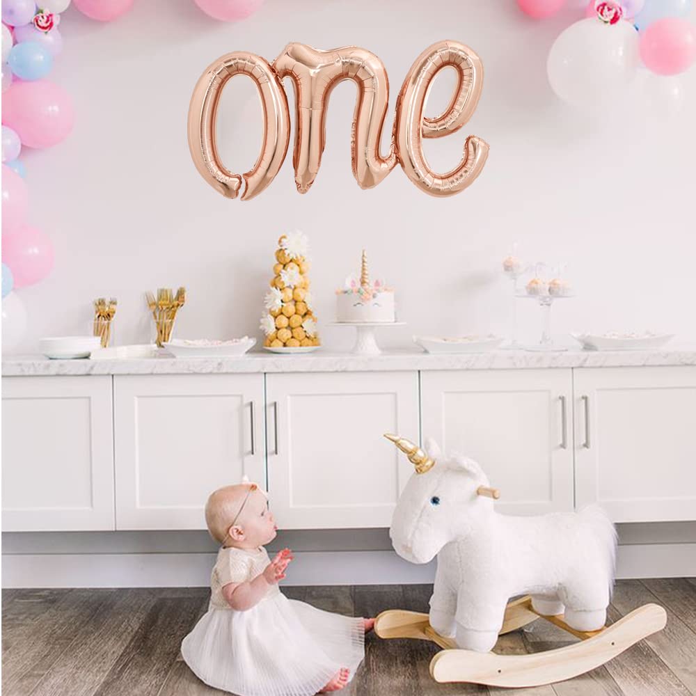 Toniful Rose Gold One Balloons Banner, 42*16 Inch Mylar Foil Script,Cursive Letter One Sign Banner Balloon Bunting Reusable Ecof