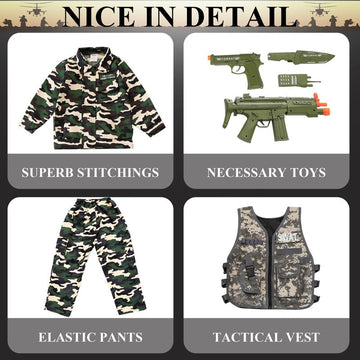 Udekit Army Uniform Cosplay Costume Soldier Outfits With Clothes, Tatical Vest And Other Toys Acessories For Kids 6Y To 8Y