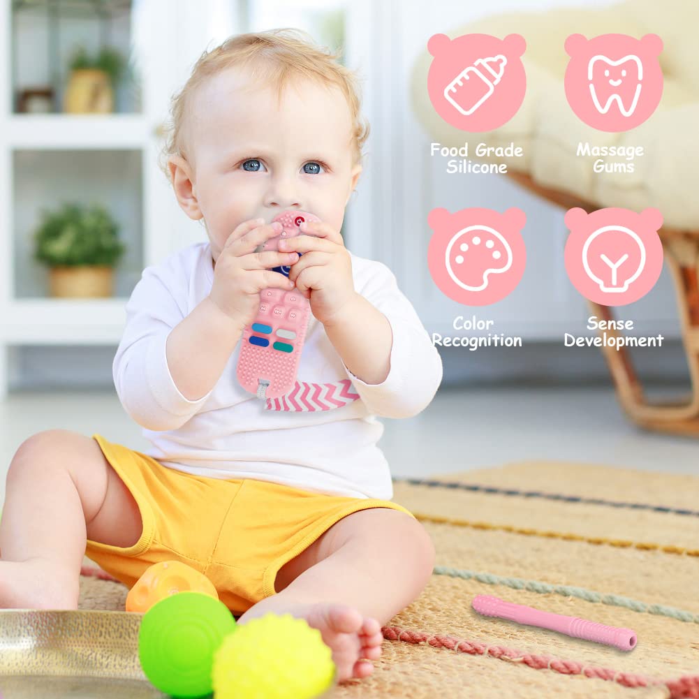 Baby Teether Toys Silicone, Remote Control Shape Teething Toys With Hollow Teether Tube And Pacifier Clip, Silicone Baby Teething Toys For Over 3 Months, Bpa Free Baby Teething Toys (Pink)