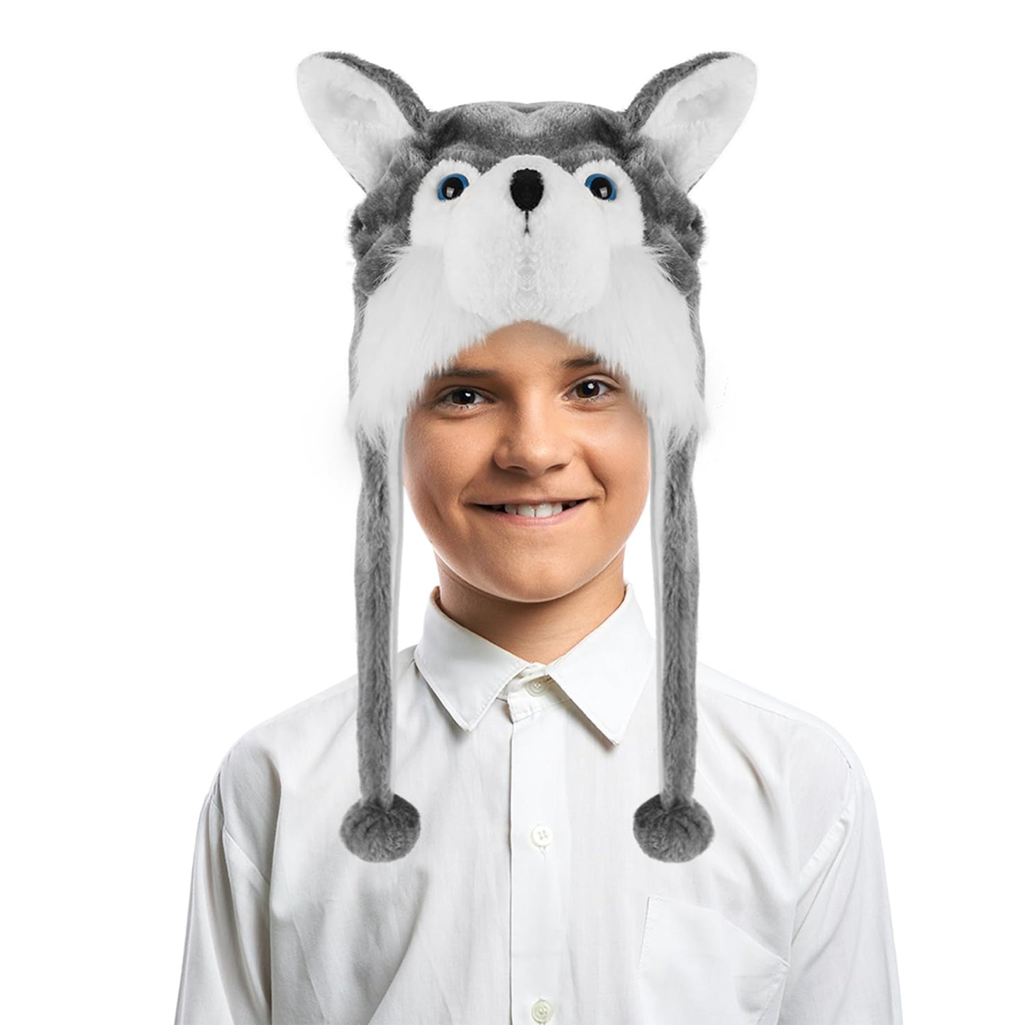 Funny Plush Animal Hat with Ear Flaps, Soft Fleece Hats Cute Bunny Cap for Kids Women Girls Cosplay Party (Husky) Multi-Colored