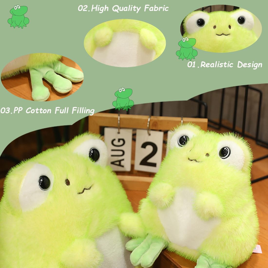 Elainren Chubby Anime Frog Plush Toy Furry Frog Stuffed Animals Kawaii Green Froggie Plushie Dolls Gifts/13.8''