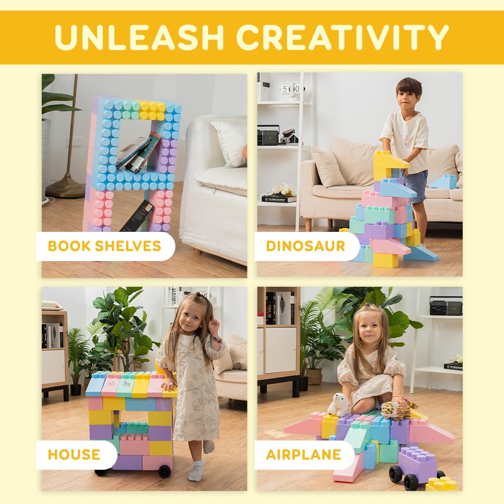 Massbricks Jumbo Plastic Building Blocks - Giant Toddler Bricks Kids, Boys, Girls Age 1-8 Play Large Educational, Construction, Stacking Toys Bpa Free (48 Pcs Pastel + Wheels)