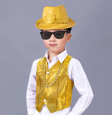 Kids Dance Hip Hop Jazz Costume Boys Sequin Vest Hat Sunglasses Set For Dance Party 4-5T Gold